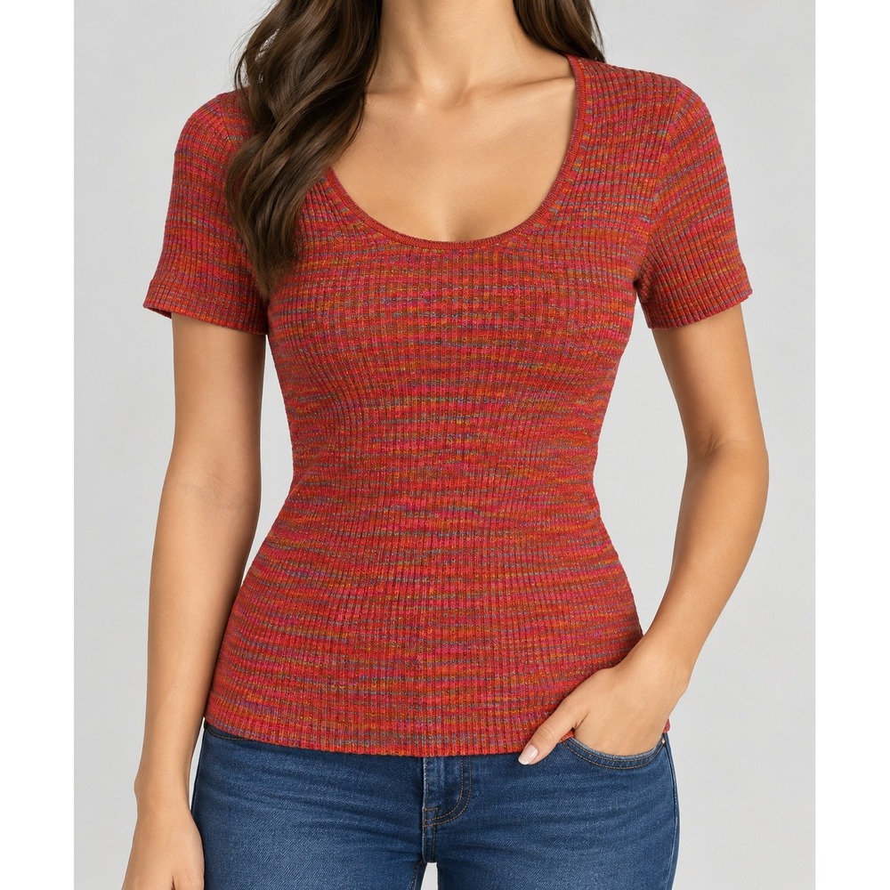 Moth Anthropologie Red Space Dye Ribbed Scoop Neck Short Sleeve Knit Top XS